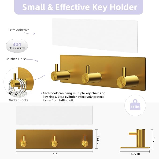 VIS'V Key Holder Wall Mount, Small Adhesive Key Hanger with 3 Hooks, Gold | Metal Material, No Drilling, Extra Adhesive Strip, Suitable for Entryway, Hallway, Doorway, Kitchen, Garage, Camper