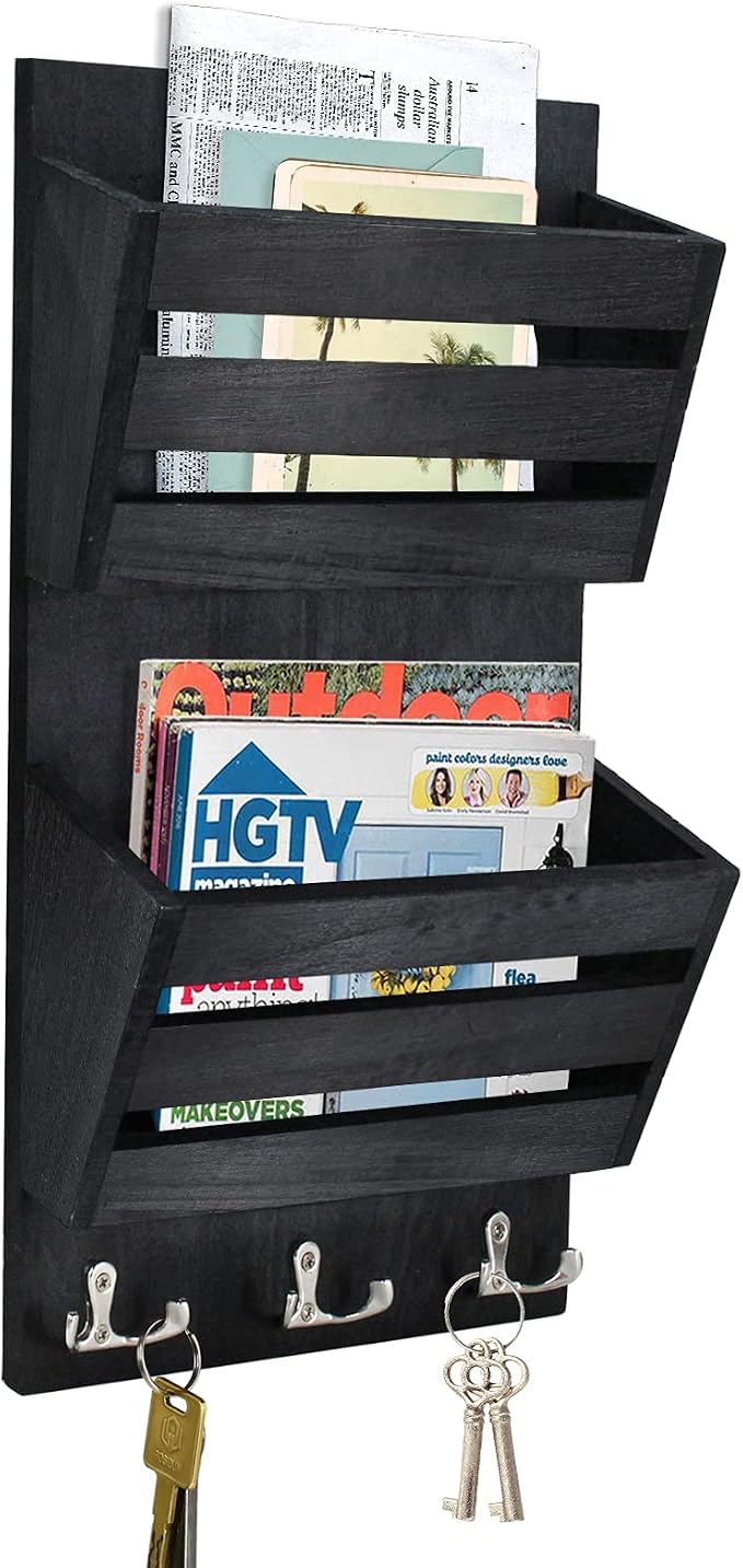 Unistyle Rustic Mail Organizer Wall Mount with 4 Key Hooks,Mail Holder Wall Mounted，Hanging Mail Organizer,Letter Holder for Wall,Key Hanger for Letter, Magazines, Keys, Dog Leashes