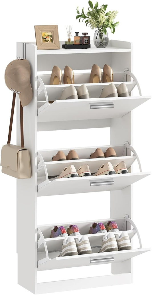 Shoe Cabinet Organizer with 2 Flip Drawers,Narrow Shoe Rack 18.9" W White | Freestanding shoe storage cabinet for entryway,foyer and hallway,slim design and space-saving flip drawers