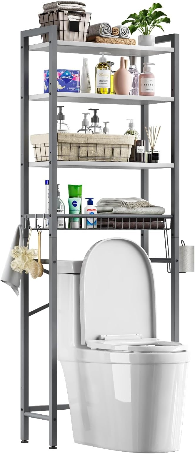 Kalrin Over-The-Toilet Storage Rack, 4-Tier Bathroom Organizer Shelf Over Toilet with Adjustable Shelf and Basket, Freestanding Space Saver Bathroom Shelves Above Toilet for Room (Gray- White)