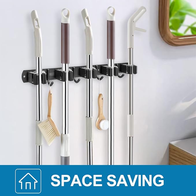 IMILLET 2 Pack Broom Holder Wall Mount, Heavy Duty Garage Organization | Stainless Steel Broom and Mop Organizer Wall Hanging Self Adhesive for Laundry Room,Garden,Utility