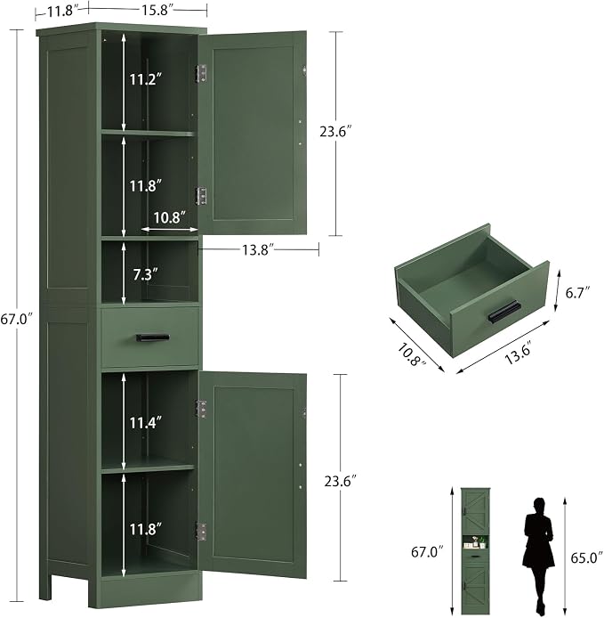 67" H Tall Bathroom Storage Cabinet with Barn Doors and Drawer, Narrow Bathroom Cabinet, Narrow Storage Unit, Adjustable Shelves, Floor Cabinets for Living Room, Forest Green