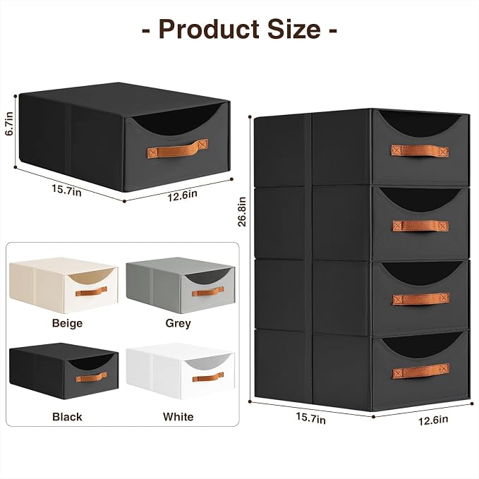 Homsorout Stackable Storage Drawers - Large Collapsible Storage Bins with Drawers, 8 Pack Closet Shelf Organizer Basket, Fabric Pull Out Organizer for Bedroom, Living Room, Dorm, Black