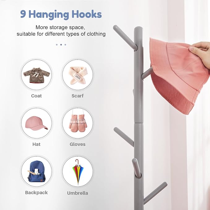 Cozivolife Kid's Coat Rack Stand: Height Adjustable with 9 Hooks (Grey) | Beech Wood Coats Tree for Cloth Hats and Handbags - Freestanding Child Clothes Racks for Hallway Entryway Bedroom
