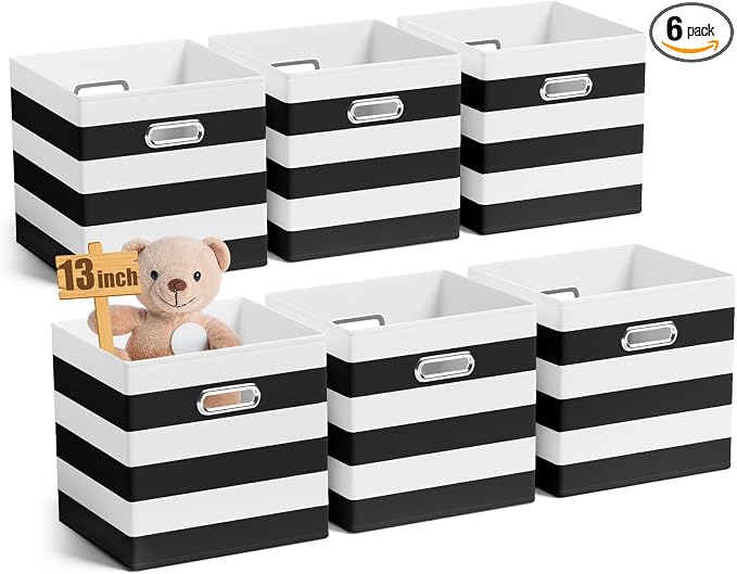 CroBlissful 13 Inch 6 Pack Fabric Storage Cubes with Metal Handles, Back to School Collapsible Organizer Bins for Classroom, Closet, Student Room, Toys and School Supplies (Black and White)