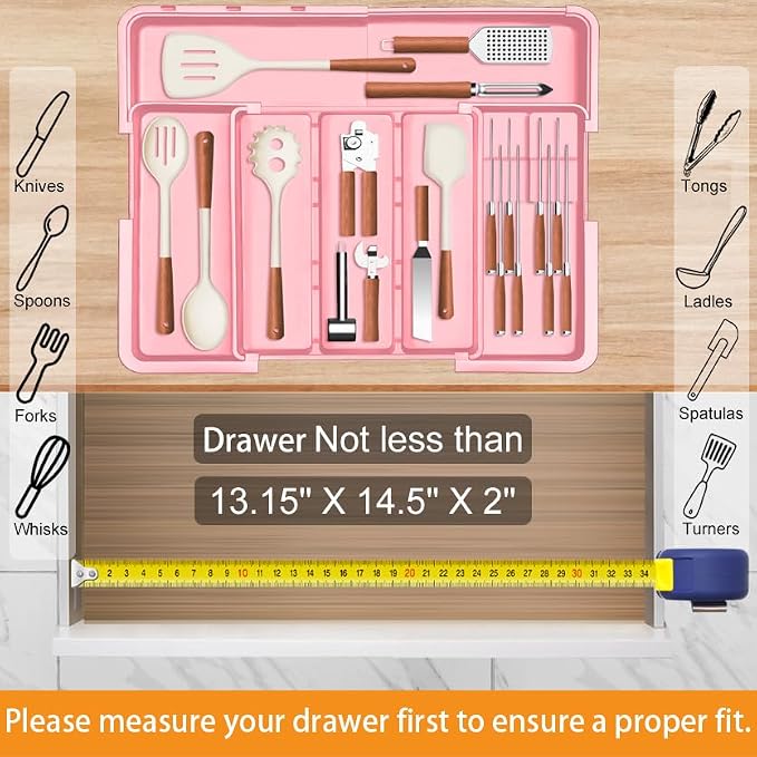 Utensil Drawer Organizer for Kitchen, Expandable Silverware Organizer Cooking Utensils Tray, Large Cutlery and Flatware Holder, Kitchen Tools & Gadgets Storage (Pink)