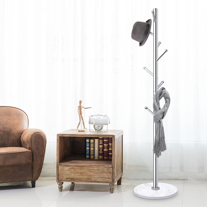 Homde Metal Coat Rack Stand: Natural Marble Base with 8 Hooks (Silver) | Stainless Steel Freestanding Clothes Tree Hanger for Coat Jackets Hat Scarves Handbags - Hall Hanger for Entryway Bedroom