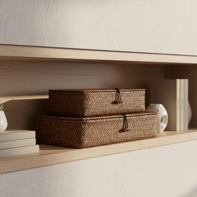 Seagrass Storage Baskets with Lids, Flat Wicker Basket, Shallow Woven Basket for Shelf, Decorative Storage Boxes for Organizing (Coffee)