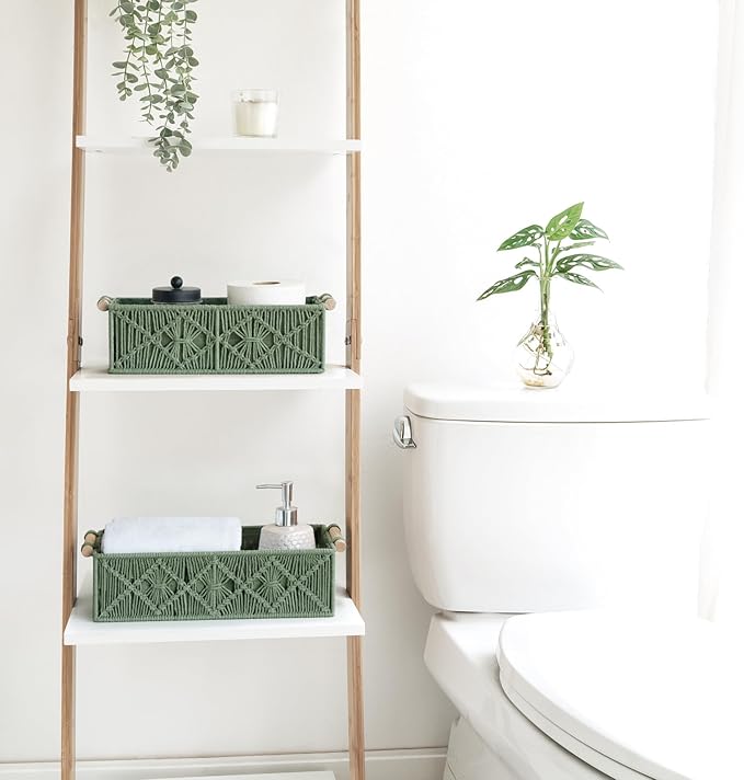 Mkono 2Pc Macrame Storage Baskets, Boho Bathroom Toilet Paper Holder, Green | Small Baskets for Organizing, Hand-Woven, Bohemian Beach Coastal Decor, Shelf Vanity Cabinet Bedroom Living Room Office Dorm