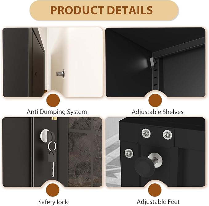 Tall Metal Narrow Bathroom Storage Locker Cabinet 67" H, Tall Black Pantry Cabinets with 4 Adjustable Shelves and 2 Lockable Doors for Kitchen, Home Office, Living Room, Dining Room