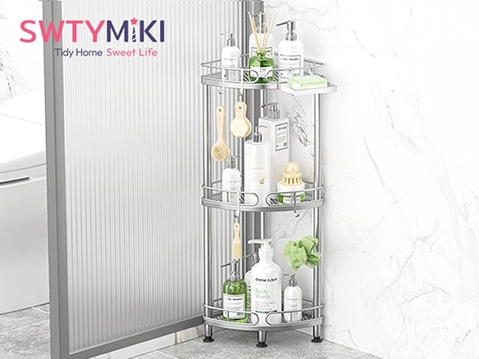 SWTYMIKI Corner Shower Caddy Standing - 3 Tier Rustproof Metal Shower Organizer Stand with Soap Holder and 4 Hooks, Freestanding Floor Shower Storage Stands for Bathroom, Silver
