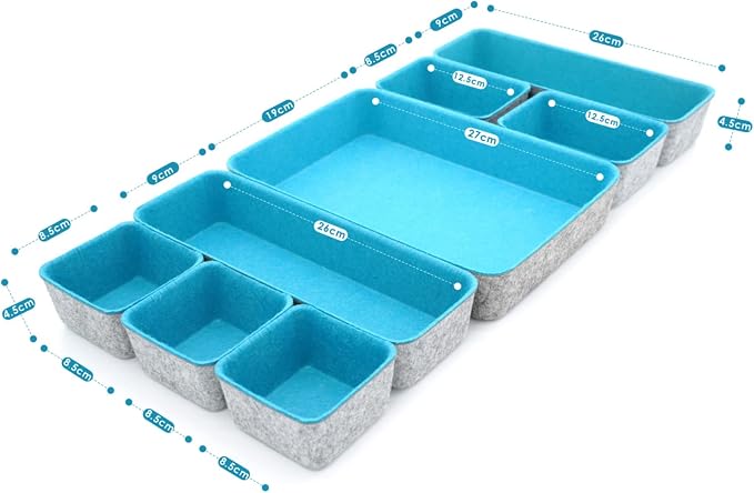Welaxy Minimalist Felt Desk Drawer Organizer 8pc Turquoise Storage Bins | Sustainable material soft yet sturdy,multi-purpose storage, sleek minimalist lifestyle