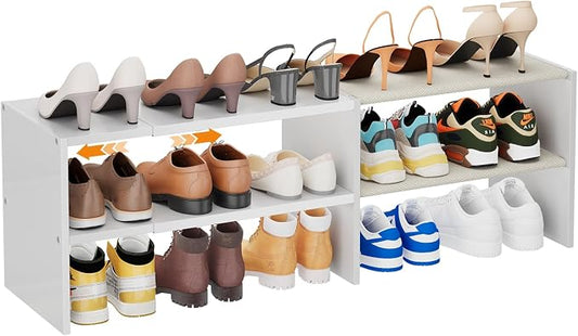 X-cosrack Long White 11.02″Shoe Rack for Closets, Stackable and Expandable Shoe Organizer, Suitable for Entryways, Garages, Storage Shelves Made of MDF, Oxford Cloth and Iron