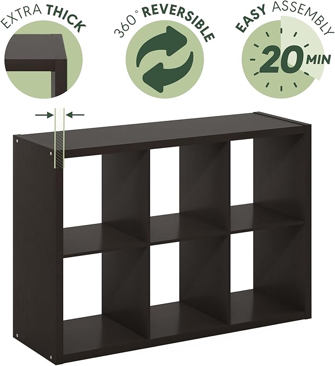 Furinno Cubicle Book Shelf Set of 2, 6-Cube Bookshelf, Black Dark Oak | 14.6 x 43.8 x 30, 1.2" Thick, Horizontal & Vertical Reversible Bookcase with Open Back, for Living Room, Bedroom, Home Office