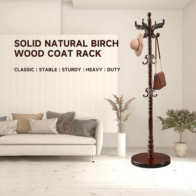 Wood Coat Rack Stand Vintage Coat Rack Freestanding with 14 Hooks | Solid Wood Coat Rack with Round Base,Wooden Coat Hanger Stand,Classic Coat Clothes Tree Stand for Office,Bebroom