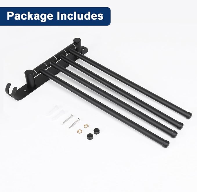 NearMoon Swivel Towel Rack, 13.8" Thicken 304 Stainless Steel 4-Arm Towel Bar, Space Saving Wall Mounted Towel Holder with Hook, Rustproof Swing Out Towel Hanger for Bathroom, Kitchen (Matte Black)