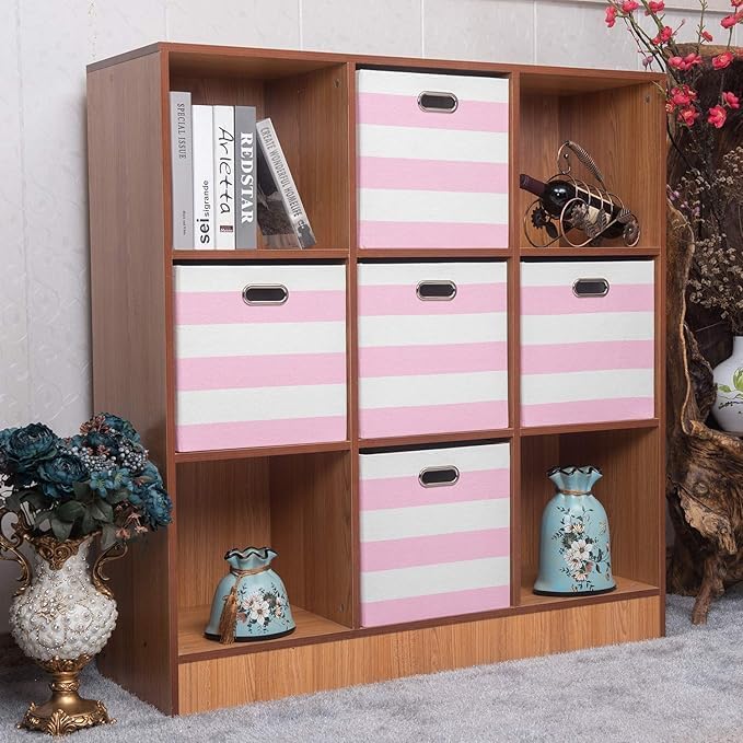 Posprica Storage Bins Storage Cubes,13×13 Collapsible Storage Boxes Containers Organizer Baskets for Nursery,Office,Closet,Shelf - 4pcs,Pink-white Striped