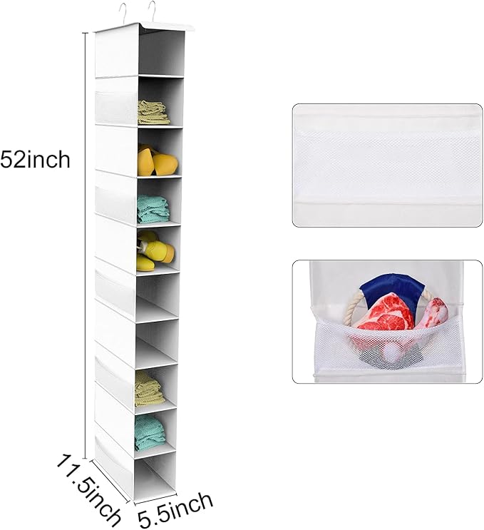 Libeder 10-Shelf Hanging Shoe Organizers with Side Pockets, White | Hanging Closet Organizer with Side Pockets for Wardrode,Dorm, Folding Shoe Racks, Space Saving Hanging Shelves with Hooks