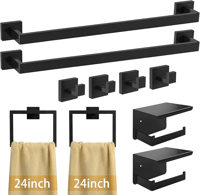 10-Pieces 24 Inch Stainless Steel Matte Black Bathroom Hardware Set | Towel Bar Set with Toilet Paper Holder with Shelf, Bathroom Accessories Set Wall Mounted, Towel Rack Set for Organize