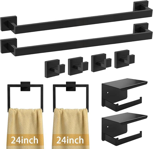 10-Pieces 24 Inch Stainless Steel Matte Black Bathroom Hardware Set | Towel Bar Set with Toilet Paper Holder with Shelf, Bathroom Accessories Set Wall Mounted, Towel Rack Set for Organize