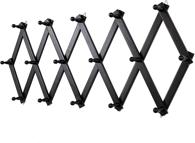 SCUNDA Accordion Wall Hanger with 16 Hooks, Wooden Wall Expandable Coat Rack for Coat, Hats, Baseball Caps, Coffee Mug, Jewelry(Black)
