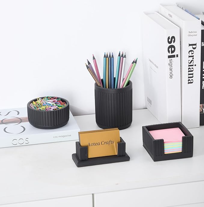 Set of 4 -Concrete Office Desk Accessories for Men-Modern Industrial Decor | Aesthetic Desk Organizers-Pen,Business Card,Sticky Note &Paper Clip Holders
