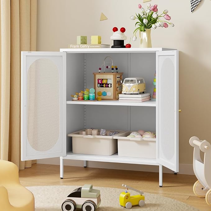 2 Mesh Door Accent Storage Cabinet for Home, LivingRoom, Office Room,Kitchen-Metal Locker Cabinet with 1 Adjustable Shelves-2-Tier (Small Mesh Door, White)