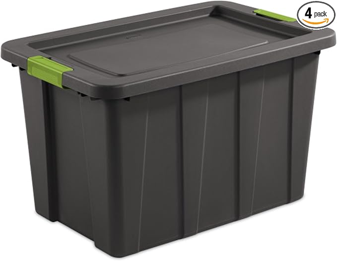 Sterilite Tote, Plastic Storage Bins with Snap Lids, 30 Gallon, 4-Pack | Flat Gray, Large Plastic Storage Bins - Heavy-Duty Stackable Organizer Boxes for Home, Office, Basement, Closet, & Garage