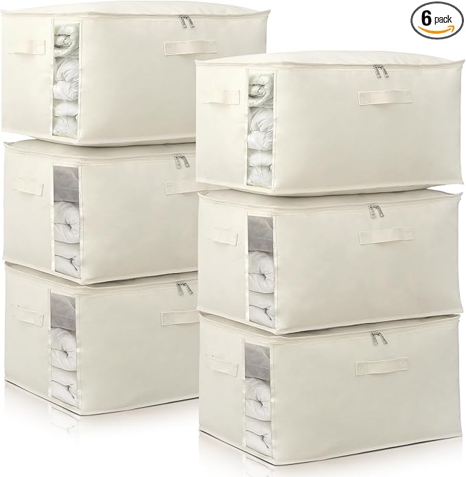 6 Pack Canvas Comforter & Blanket Storage Bags with Clear Window, Beige | Large Capacity, Cotton Linen Fabric, Reinforced Handles, Foldable Design for King Comforters, Clothes and Blankets Storage