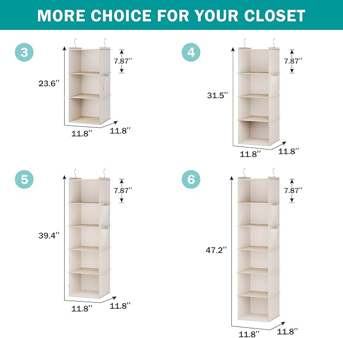 YOUDENOVA Hanging Closet Organizer, 4-Shelf Closet Hanging Storage Shelves, Beige
