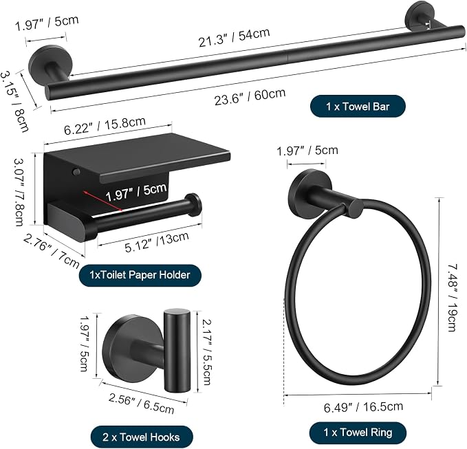 TURS Matte Black 5-Piece Bathroom Hardware Set Towel Bar Set SUS304 Stainless Steel Towel Racks for Bathroom Wall Mounted, 23.6-Inch