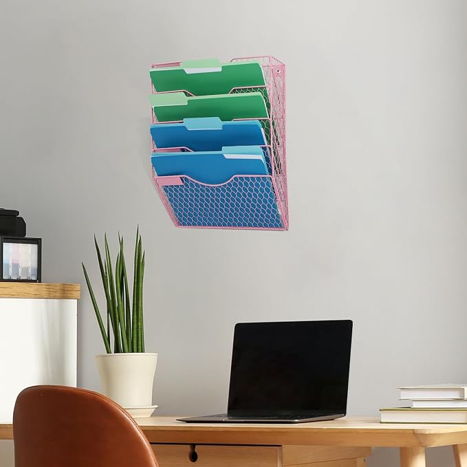 EASEPRES Mail Organizer Wall Mount Hanging File Holder Storage, Metal Chicken Wire Magazine Rack 5 Tier, Pink
