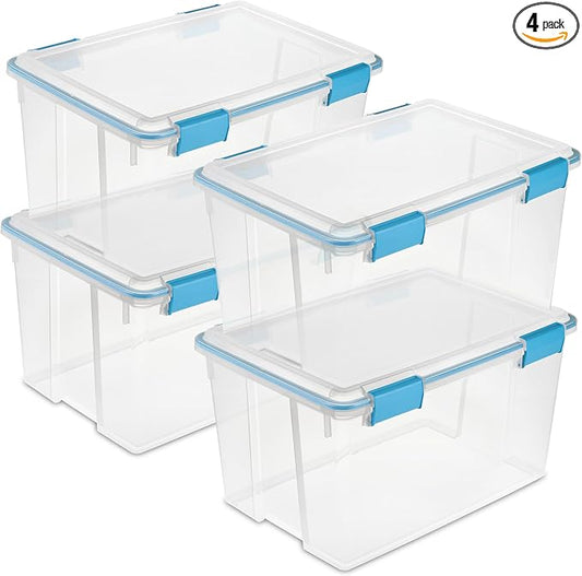 Sterilite 4-Pack 54 Quart Gasket Box, Home Storage Organizer Bins with Lids - Stackable Clear Plastic Containers for Bedroom, Bathroom, Garage, Basement, or Attic