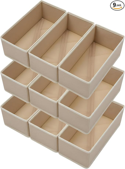 Bructhun Sock Drawer Organizer 9 Pack - Collapsible Fabric Storage Bins for Underwear Divider, Small Closet Organizers with 9 Compartments, Khaki