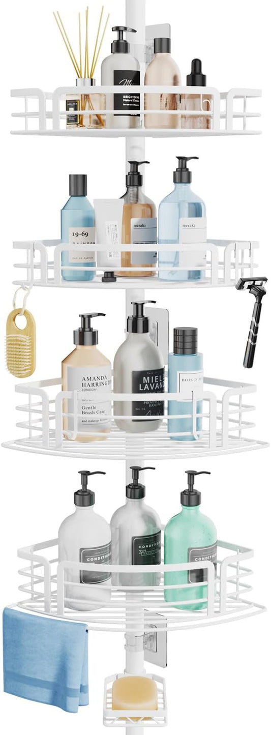 Consumest Shower Caddy Tension Pole - Adjustable Corner Shower Organizer with Soap Holder, Bath Shelves for Bathroom Storage, 27.6-108.3 inch, White
