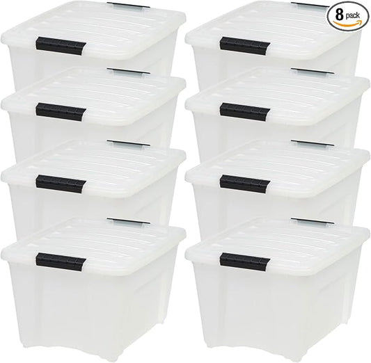 IRIS USA 8 Pack Stackable Storage Bin, 32 Quart Plastic Container Totes with Latching Lids for Home and Office Organization, Pearl