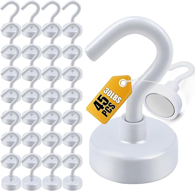 DIYMAG Magnetic Hooks 45pcs 30lbs Cruise Essentials 2026 Magnet Hook White | Neodymium Heavy Duty Strong Magnets Hanging Ship Cabins Refrigerator Fridge Classroom Beach Vacation Kitchen Grills Home Tool