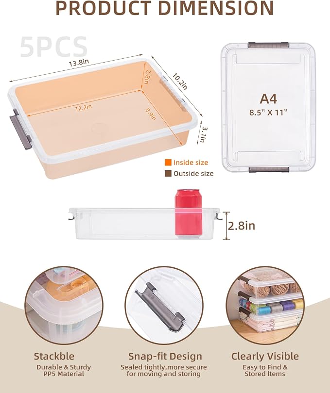 Citylife Storage Bins with Lids,6 Quart Clear Sensory Bins,Plastic Bins for Arts Crafts Organizers,Stackable Storage Containers for Home, Office, School, and Scrapbook Clear White,5 Packs