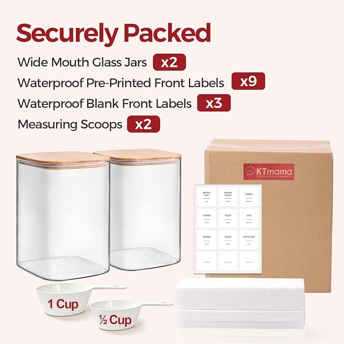 Glass Flour Containers with Lids 1 Gallon 2 Pack Pantry Organization | Wide Mouth, Scoop Included, Flour Sugar Coffee Beans Pasta Cereal Dry Food Storage,Large Capacity,Kitchen Organizer