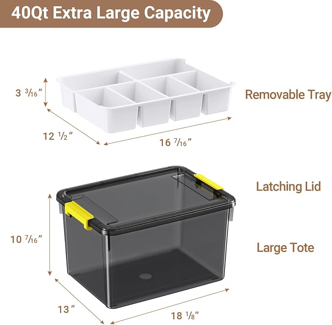 40Qt Stackable Storage Bins with Lid Tray Craft Box Organizer, 1Pack,GY | Clear Plastic Latching Boxes Organizers with Dividers Portable Containers for Arts & Crafts, Home Office Classroom Car Trunk