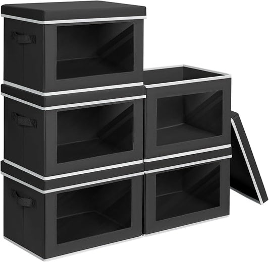 Homsorout Stackable Storage Bins with Lids - Medium Storage Box with Lids, Foldable Closet Boxes for Organizing, Wardrobe Clothes Organizer with Window, Cubes Bins for Living Room, 5 Pack, Black