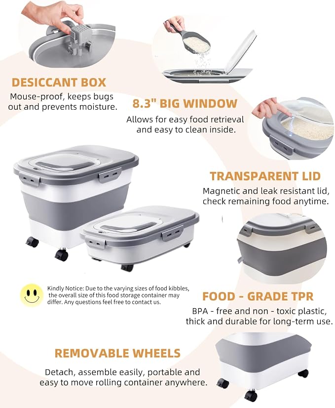 20-23 Lbs Dog Food Storage Container,Collapsible Dog Food Container | Pet Food Storage Containers with Attachable Casters and Scoop,Small Container,Keep Dry Food Fresh,Easy to Move with Wheels