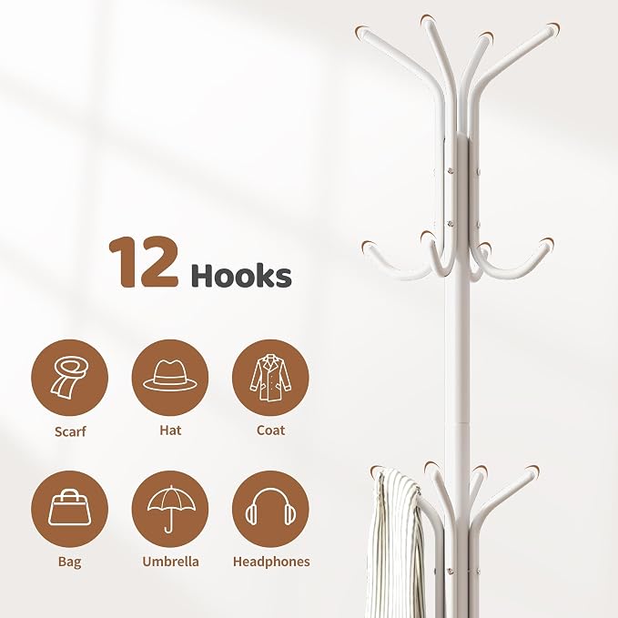 Coat Rack Freestanding Coat Tree Standing Hat Hanger Jacket Organizer Rack Metal,18.3" L x 18.3" W x 71.5" H,White