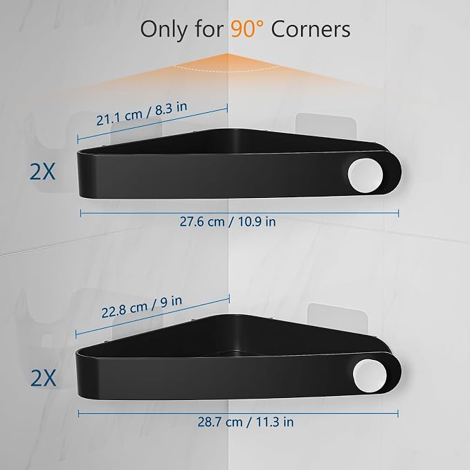 Sotfamily Plastic Shower Caddy Corner (for 90° Only), 4 Pack, Black | Adhesive Corner Shower Shelves for Smooth Wall Bathroom Organizers and Storage, Bathroom Decor