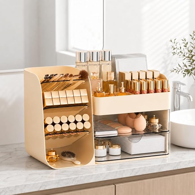 Makeup Organizer Countertop with 2 Drawers, Large Capacity Make Up Organizers for Vanity, Bathroom Organizers and Storage, Cosmetics Organizer Easy To Storage Brushes Eyeshadow Lipstick, Cream