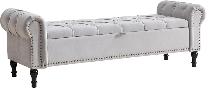 Storage Bed Bench for Bedroom, Chenille 67" End of Bed King Size Benches with Armrest, Tufted Button Upholstered Ottoman Bench for Living Room, Entryway, Silver Grey
