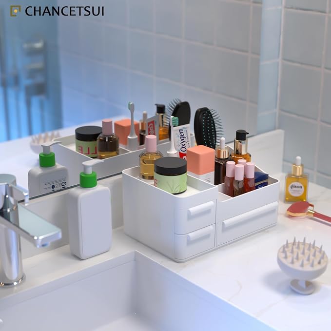 Makeup Organizer Countertop for Vanity: Dresser Bathroom Cosmetic Storage | Minimalistic Small White Aesthetic Desk Storage with Drawers for Counter