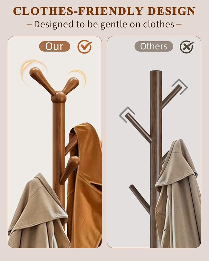 STARSAGA Solid Wood Coat Rack Freestanding Coat Tree with 8 Hooks | Adjustable Height Heavy Duty Coat Rack with Rounded Hooks & Dual-Layer Base, Holds Coats Hats Bags for Entryway, Bedroom