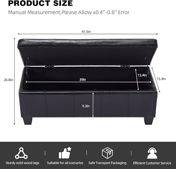 41.5 Inch Black Faux Leather Storage Ottoman Bench with Slow-Close Hinge | 2.8 cu ft hidden storage,660 lbs weight capacity,solid wood legs,fits entryway bedroom living room