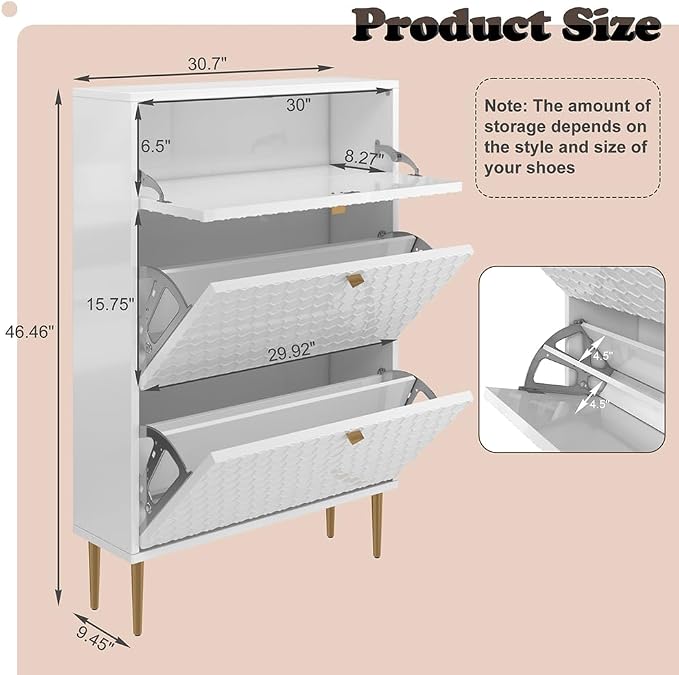 Boyel Living 3 Flip Drawers Free Standing Shoe Racks,Modern Shoes Cabinet with Brass Knobs and Legs, 24 Pair for Entryway (White
